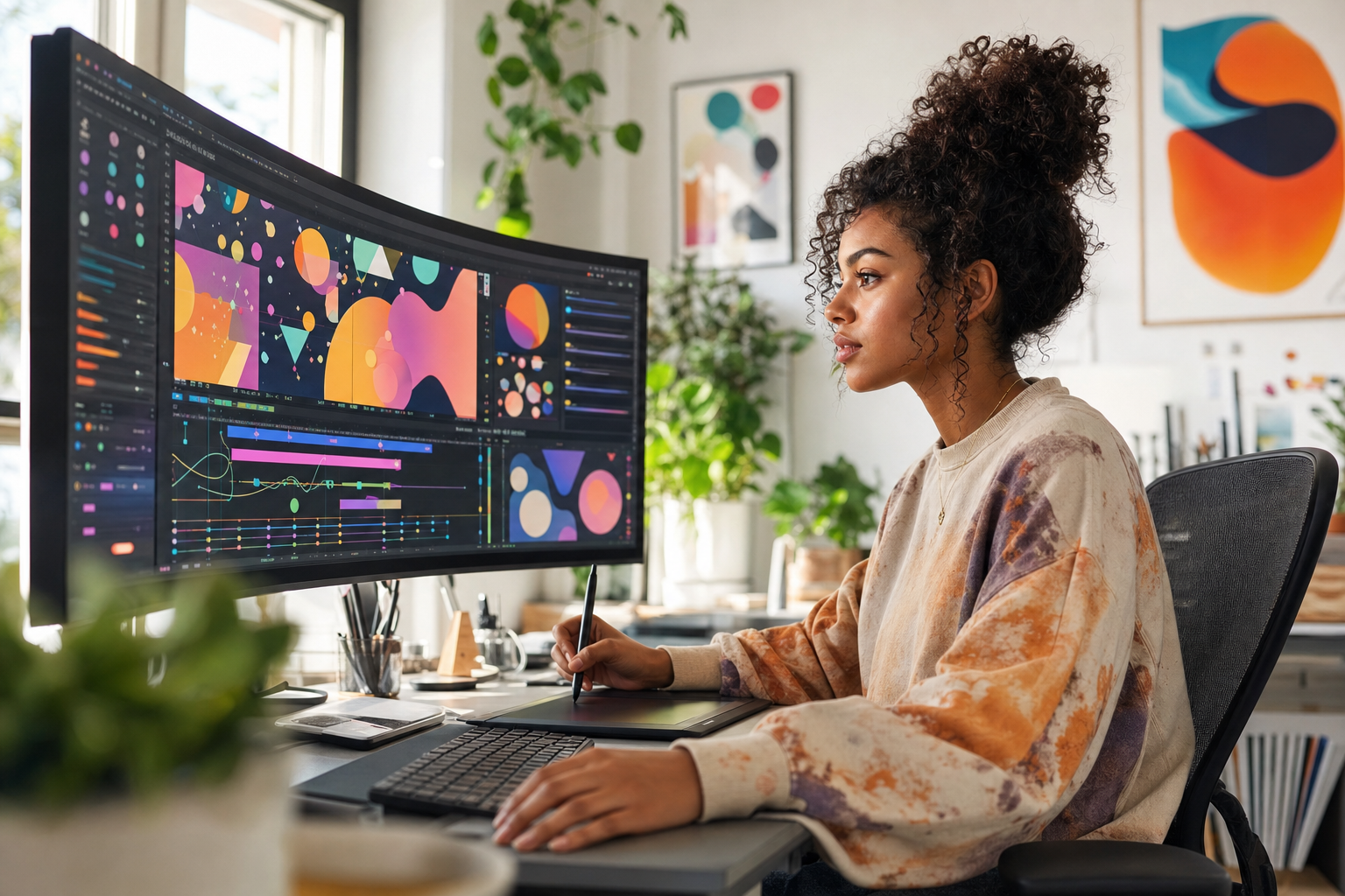 Motion designer travaillant sur des graphismes animés colorés à Dijon
